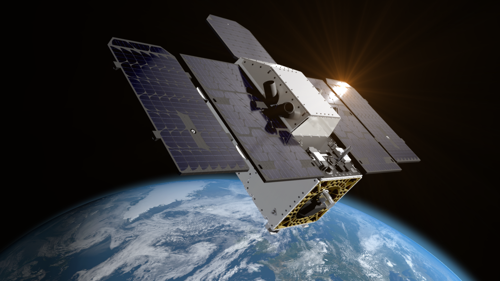 An artists rendering of the Tanager-1 satellite orbiting earth