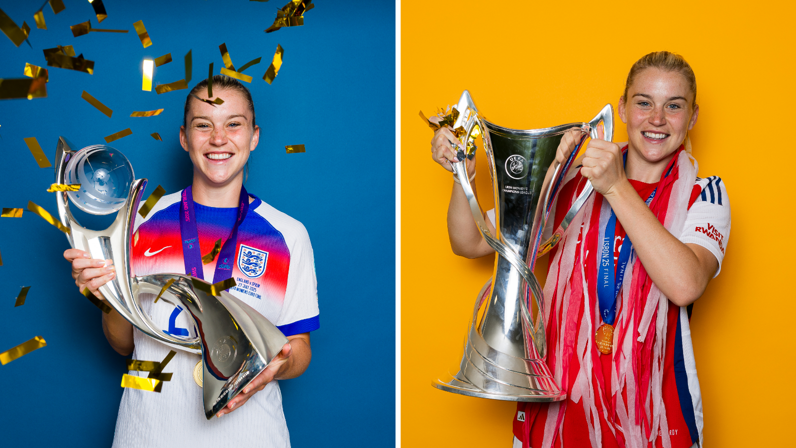 Alessia Russo with the European Championship and Champions League trophies.