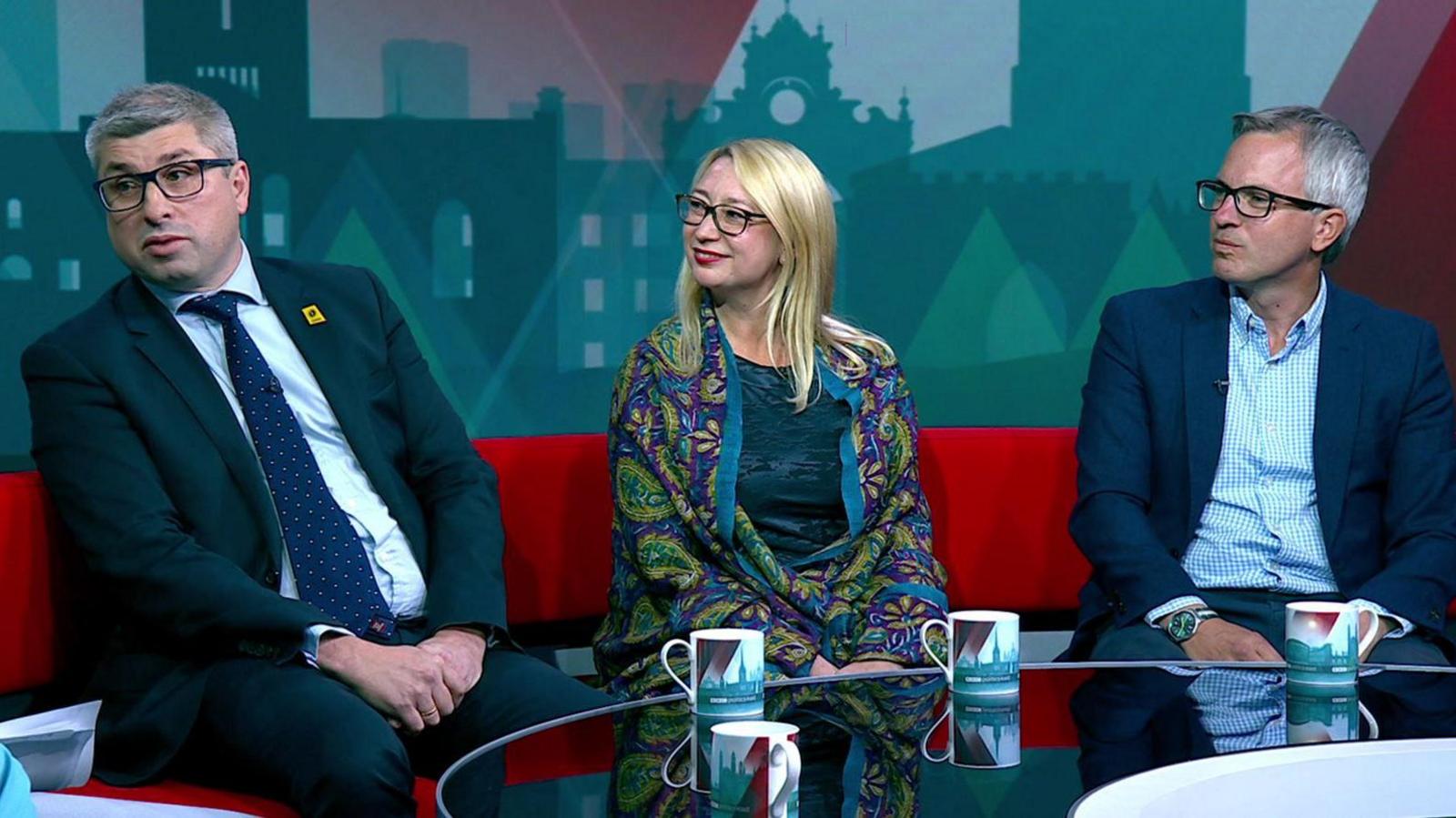 From left to right Mark Arnull (Reform UK leader of West Northants Council), Jess Asato (Labour MP for Lowestoft) and James Wild (Conservative MP for North West Norfolk) in the BBC Politics East studio at The Forum in Norwich