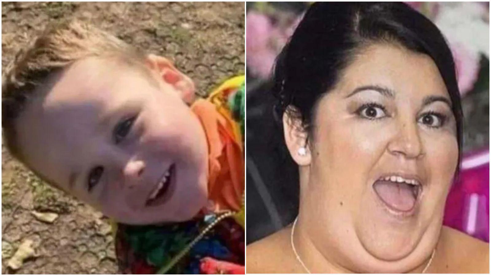 On the left a little boy  wearing a blue, green and red print coat is looking up and smiling towards the camera.

On the right a Woman wearing a white necklace is making a surprised expression towards the camera.