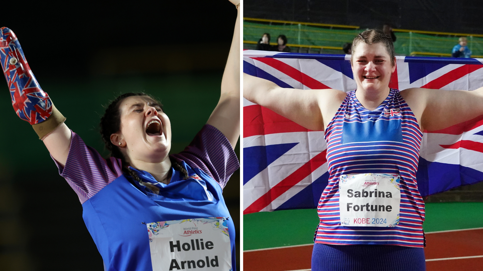 Hollie Arnold and Sabrina Fortune celebrate their respective world titles earlier in May.