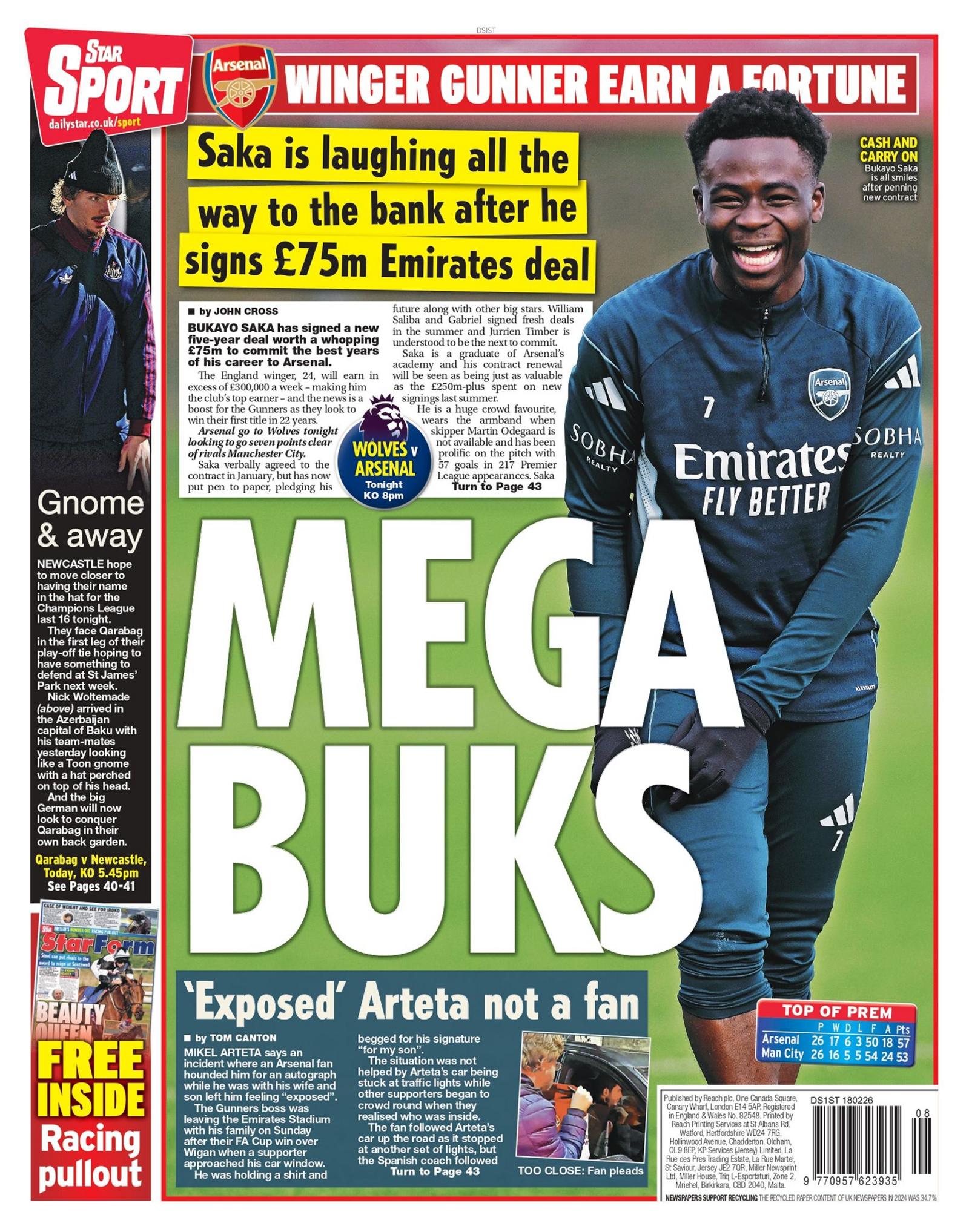Back page of the Daily Star on 18 February 2026