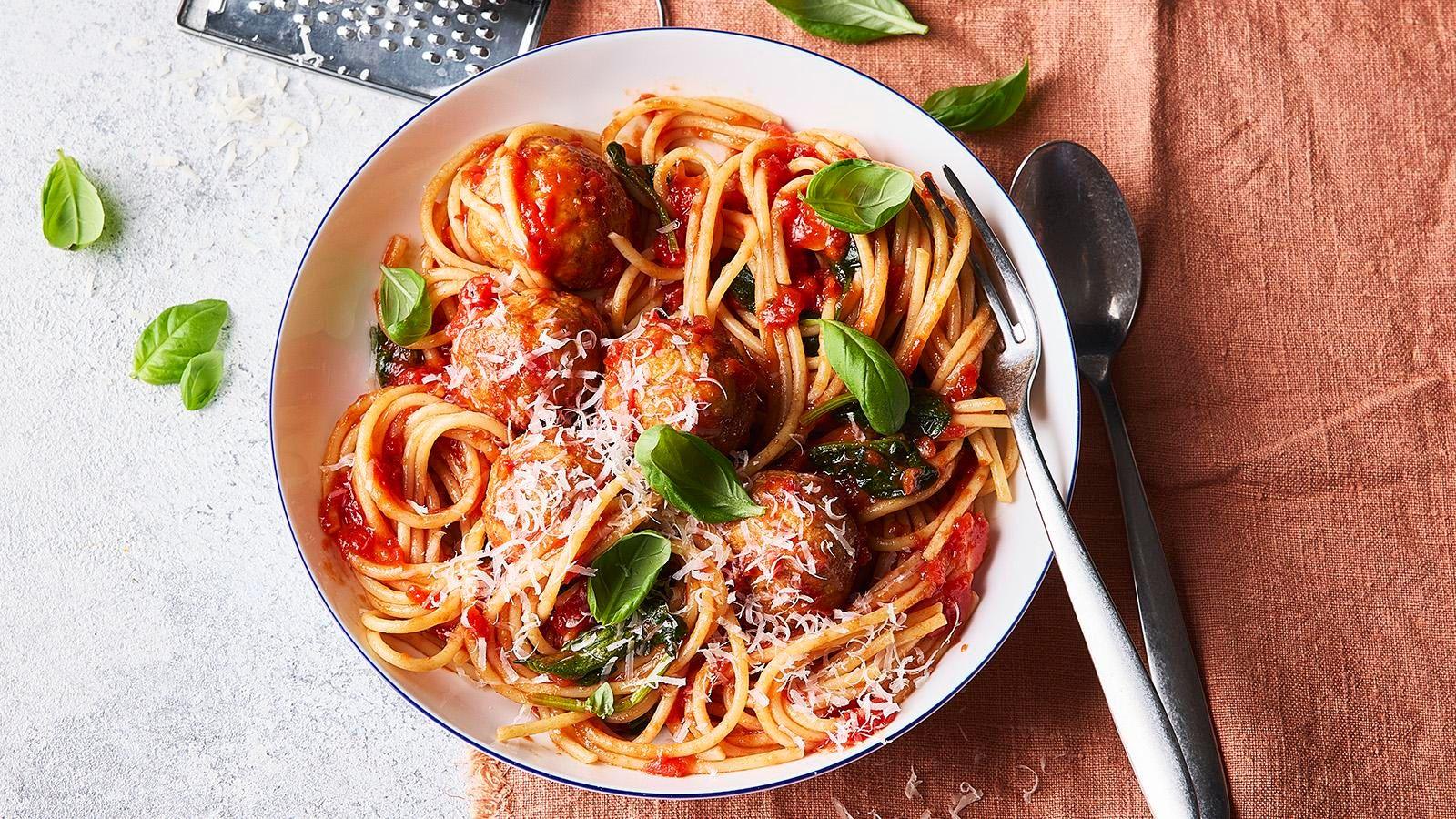 Chicken and ricotta meatballs with tomato and spinach sauce