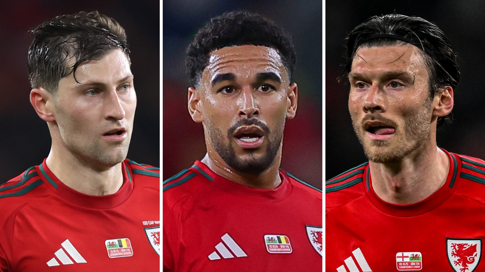Ben Davies, Ben Cabango and Kieffer Moore in Wales jerseys