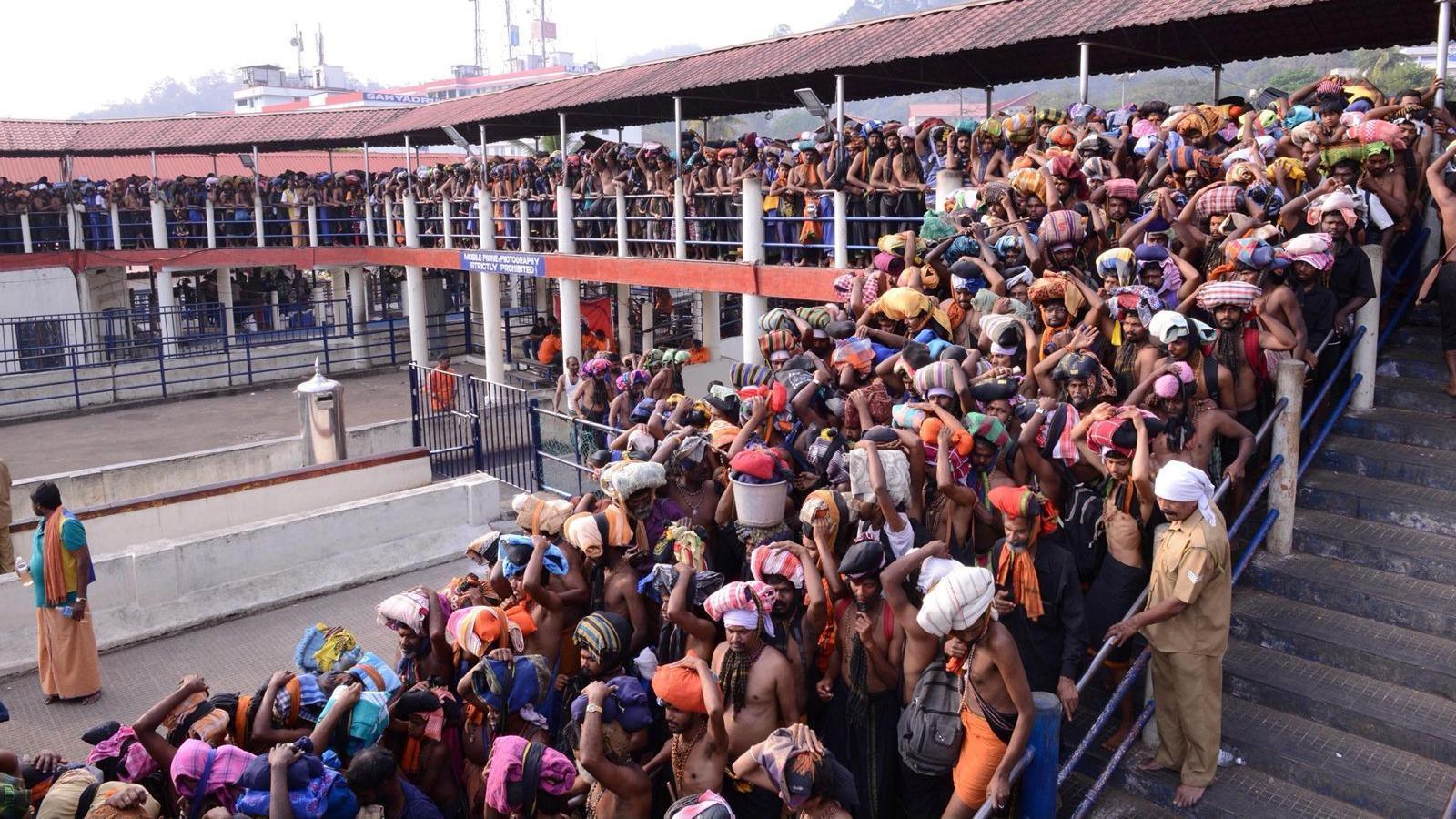 Devotees packed tightly into the steps and corridors of Sabarimala shrine in Kerala