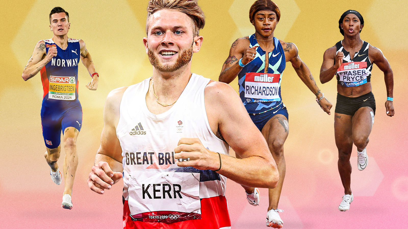 A montage of Jakob Ingebrigtsen, Josh Kerr, Sha'Carri Richardson and Shelly-Ann Fraser-Pryce