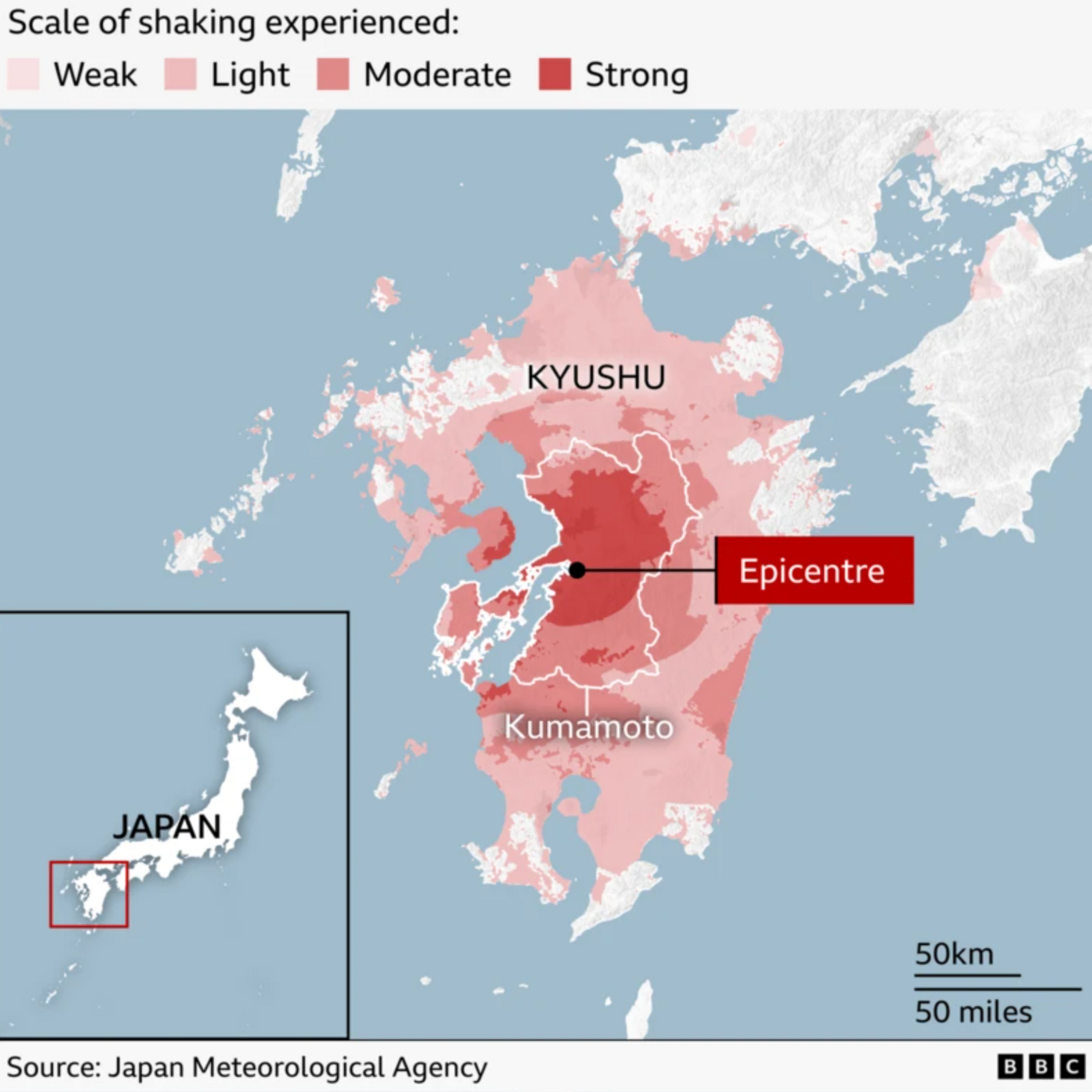 A map showing the location of the earthquake in south-west Japan. 