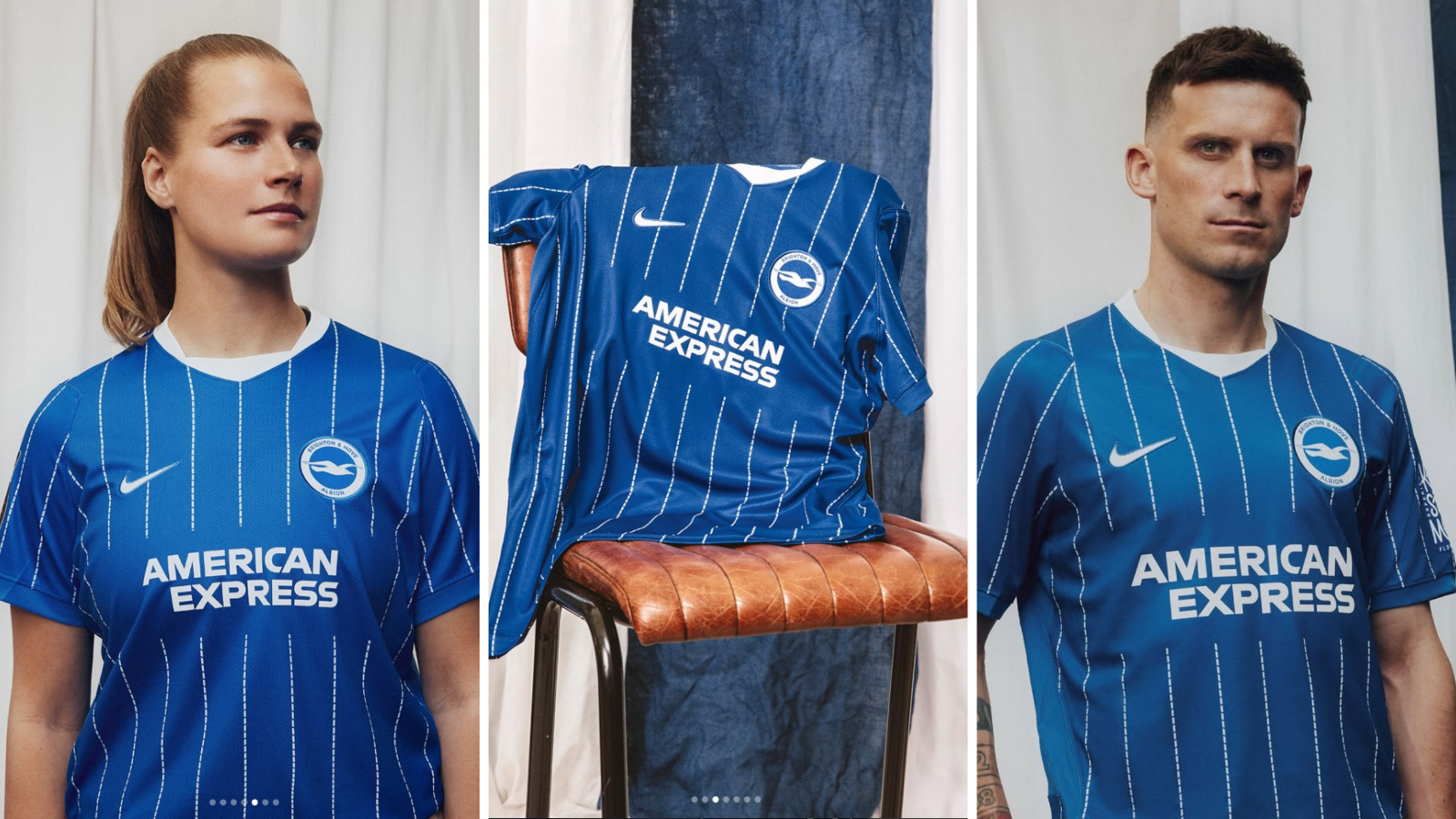 Marit Auee and Pascal Gross wear Brighton home shirt 2026-27.