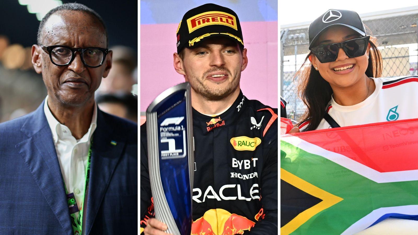 A triptych showing Rwanda President Paul Kagame in a white shirt and blue suit, Formula 1 driver Max Verstappen in racing overalls holding a trophy and a fan wearing sunglasses and a Mercedes cap holding a South African flag