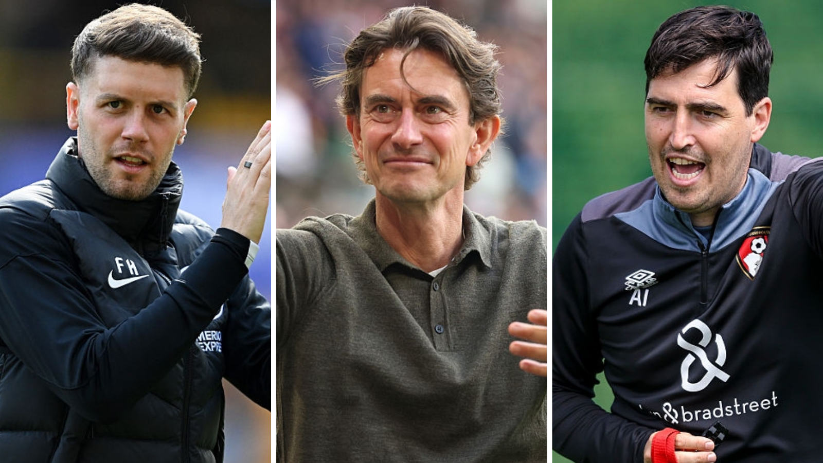 A split picture of Fabian Hurzeler, Thomas Frank and Andoni Iraola