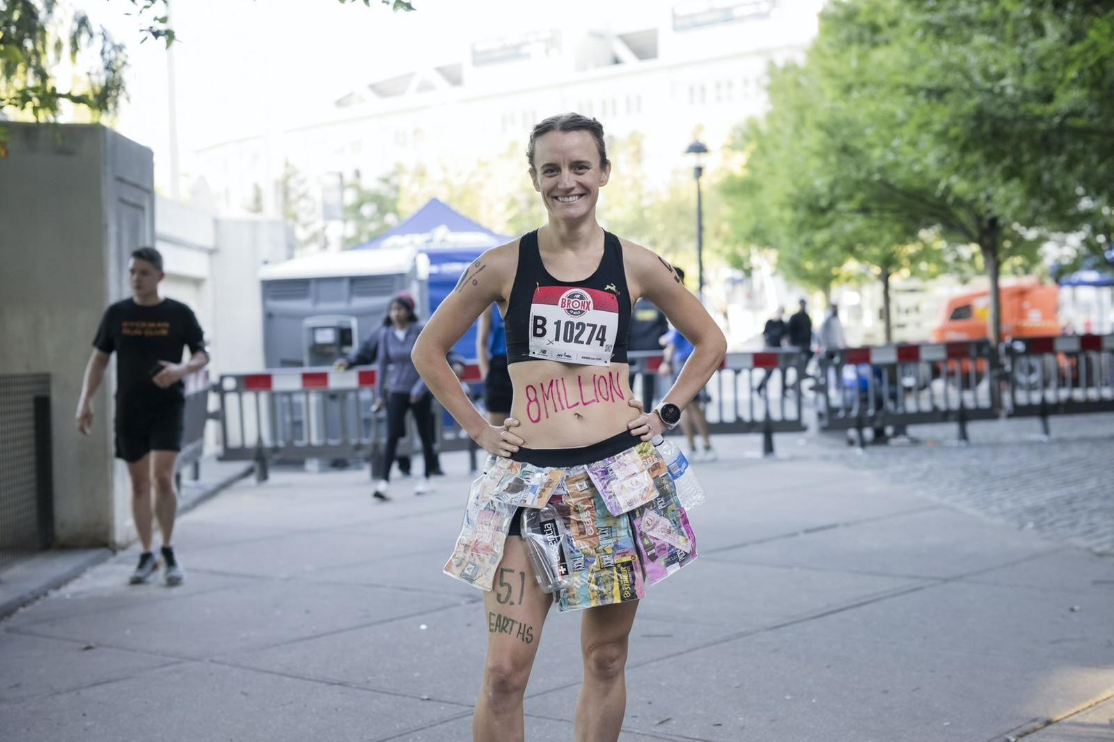 Tina Muir is wearing a running skirt made out of rubbish at a race