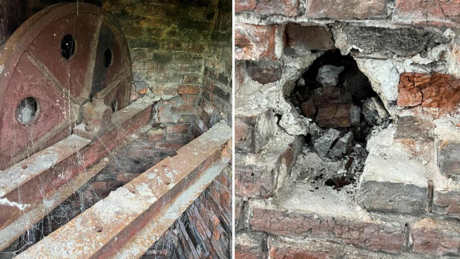A composite image of repair work at the Treasurer's House in York. The left image shows old lift equipment discovered in a brick wall, covered in cobwebs and rust. On the right, a hole in a brick wall can be seen.