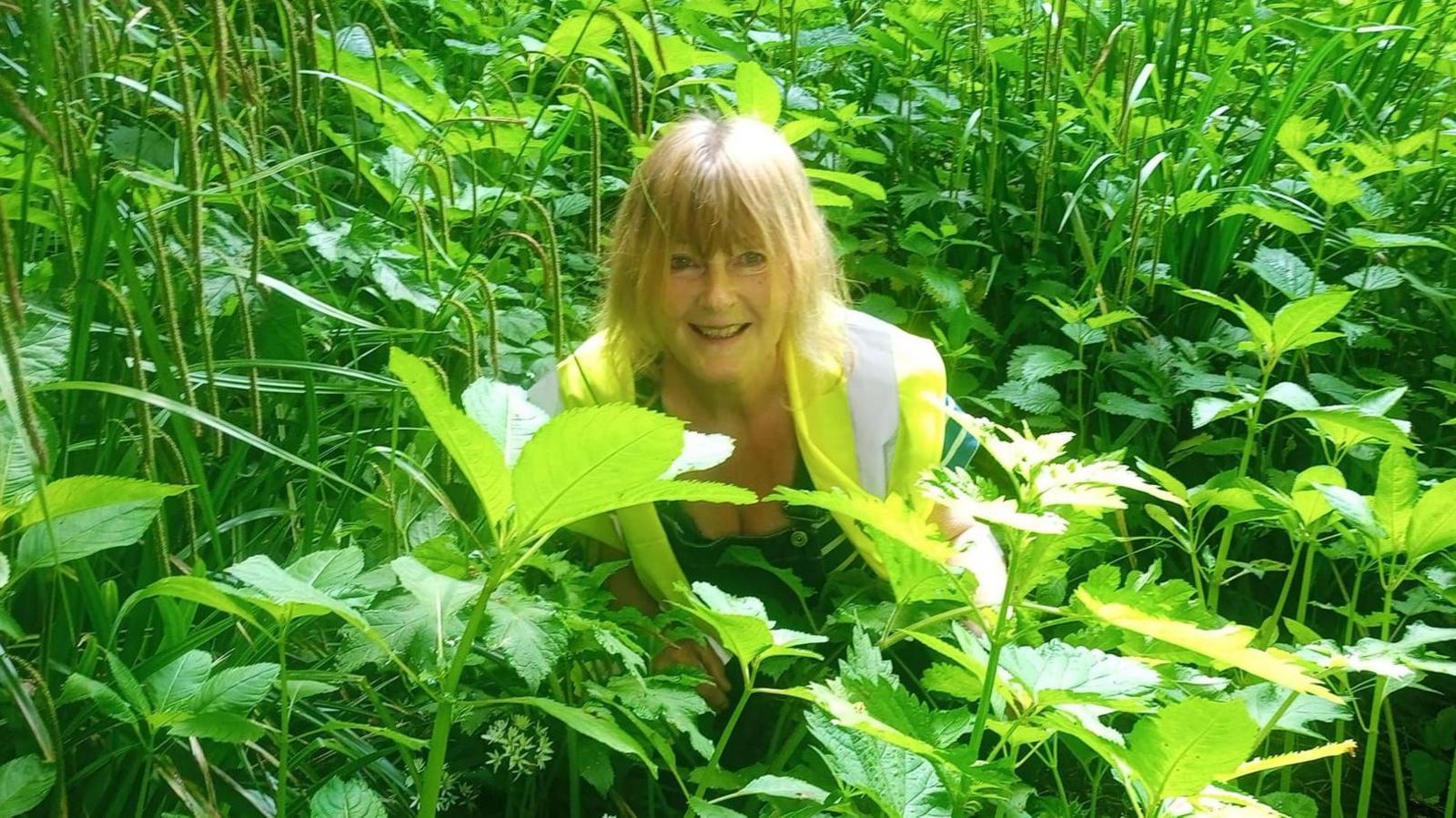 A woman wearing a hi-visibility jacket is partially crouched down in amongst lots of green plants. She is completely surrounded by large leaves and foliage. 