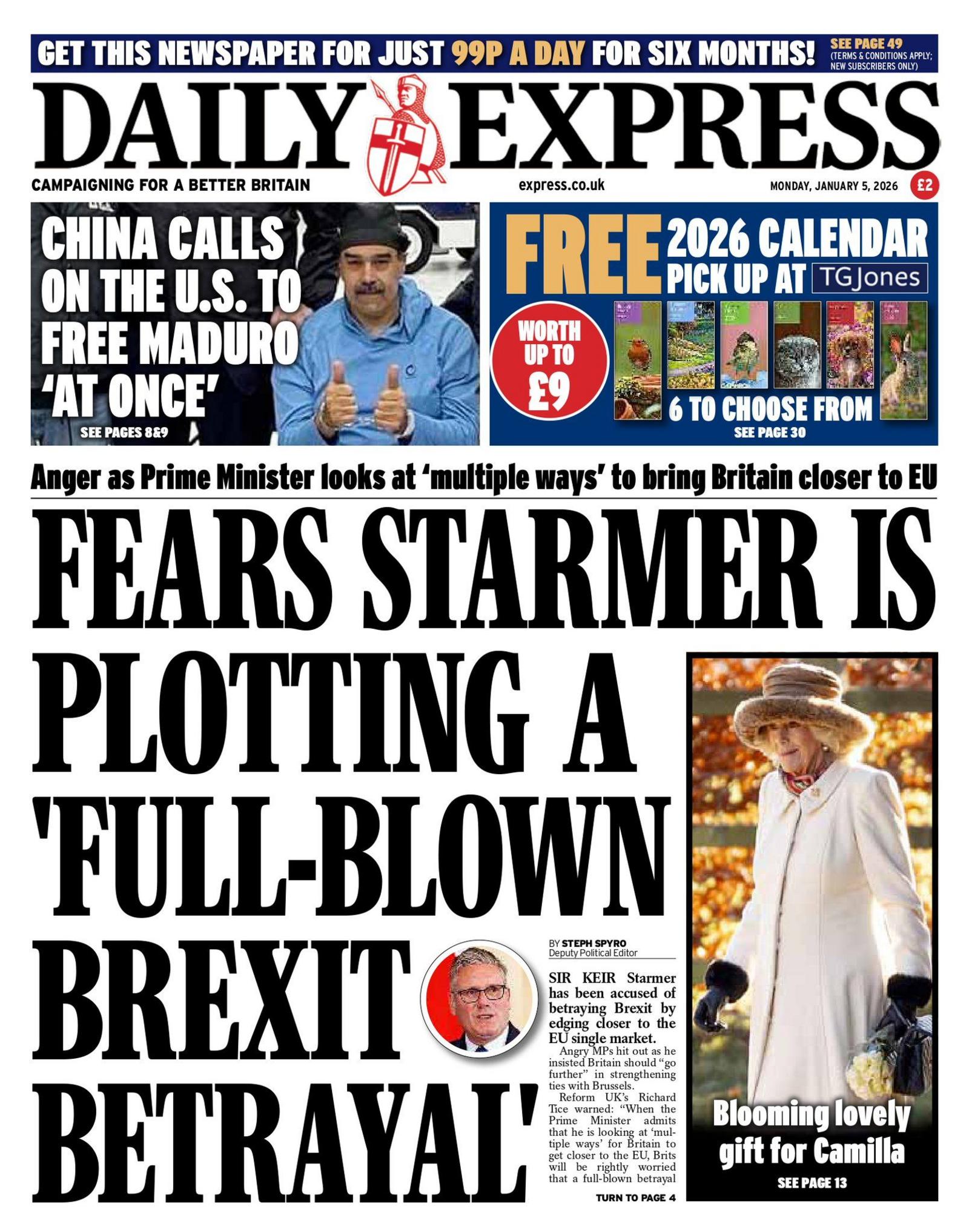 Titulli në faqen e parë të Daily Express: "Frika se Starmer po komploton një 'tradhti të plotë të Brexit-it'"