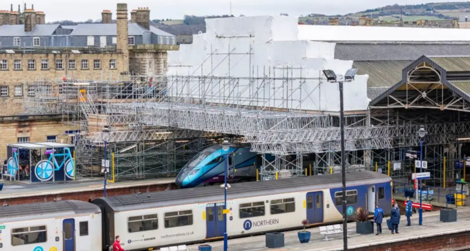 Huddersfield Station with scaffolding on the roof