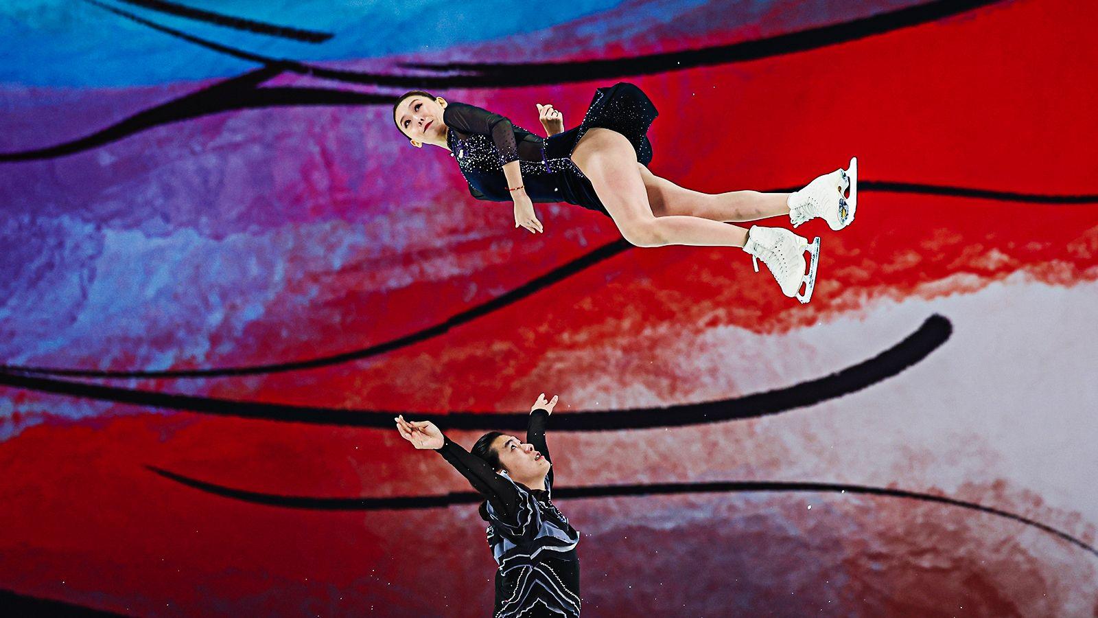 Yuchen Wang and Lei Zhu compete in the the Pairs Free Skating at Huaxi Cultural and Sports Center in Chongqing, China on 23 November