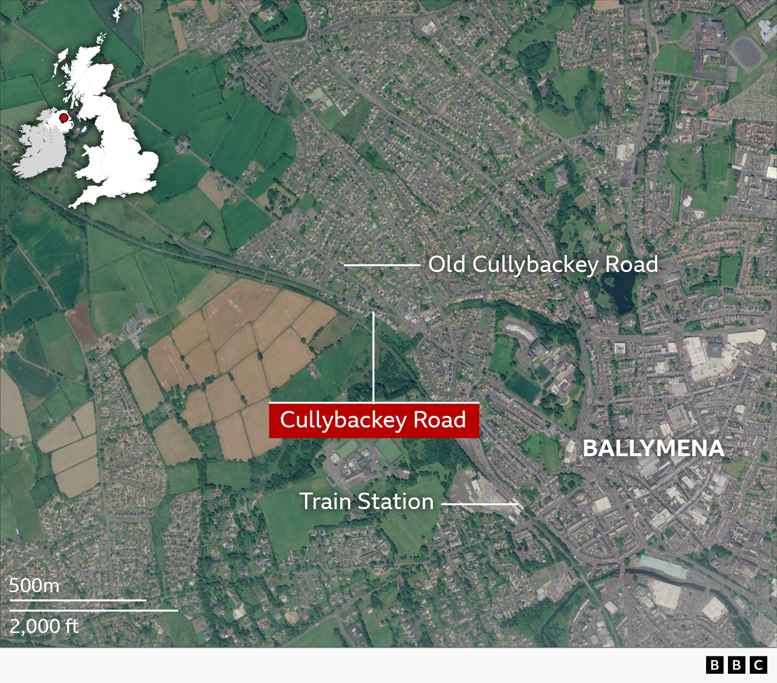 A Google Earth map showing Ballymena and the location of Cullybackey Road.