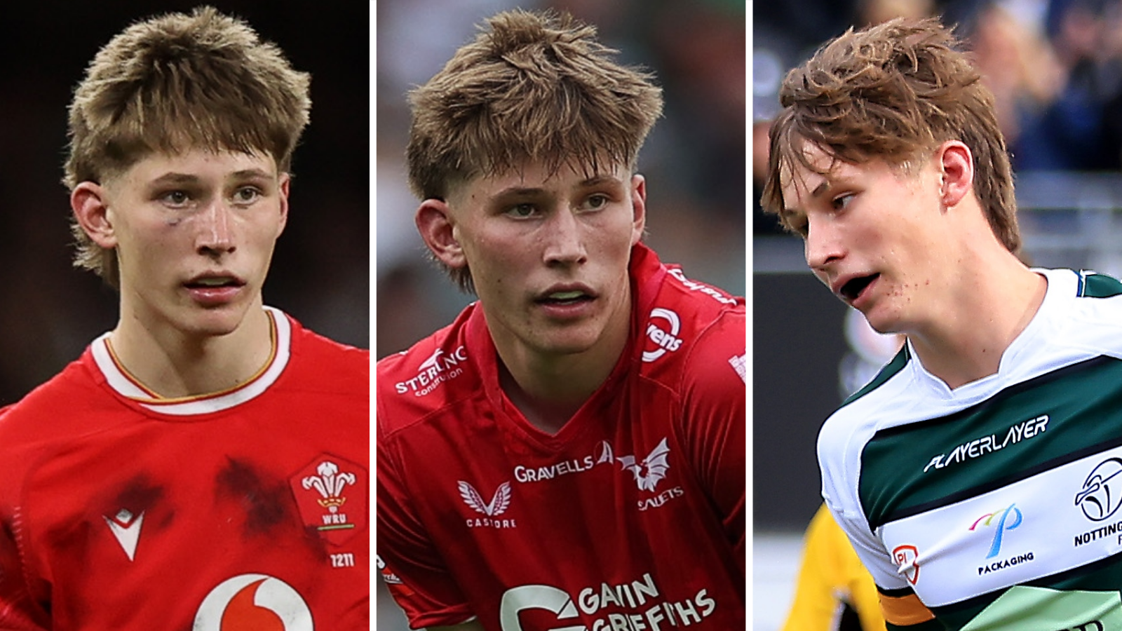 Ellis Mee playing for Wales (left), for Scarlets (centre) and Nottingham (right)