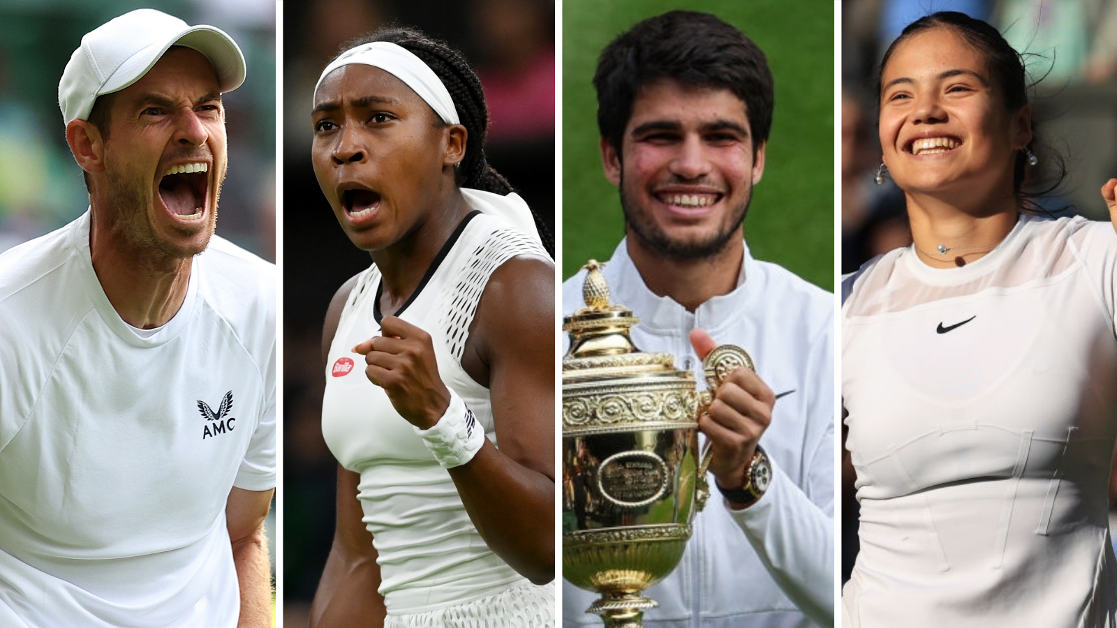 Split picture of Andy Murray, Coco Gauff, Carlos Alcaraz and Emma Raducanu