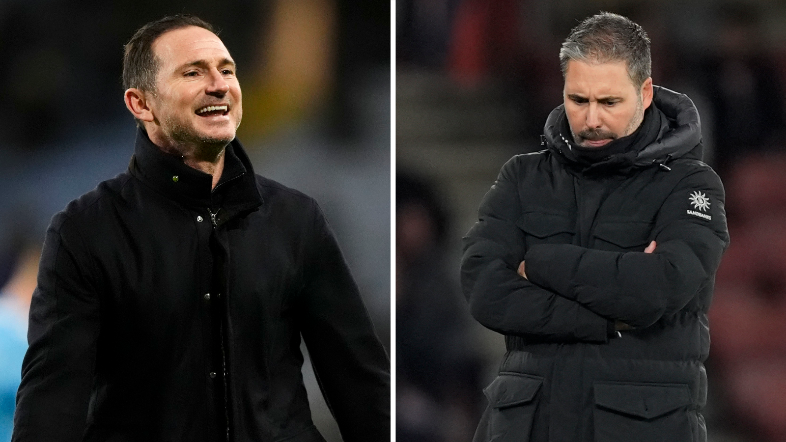 Frank Lampard smiling (left) and Marti Cifuentes with his arms folded looking at the ground (right)