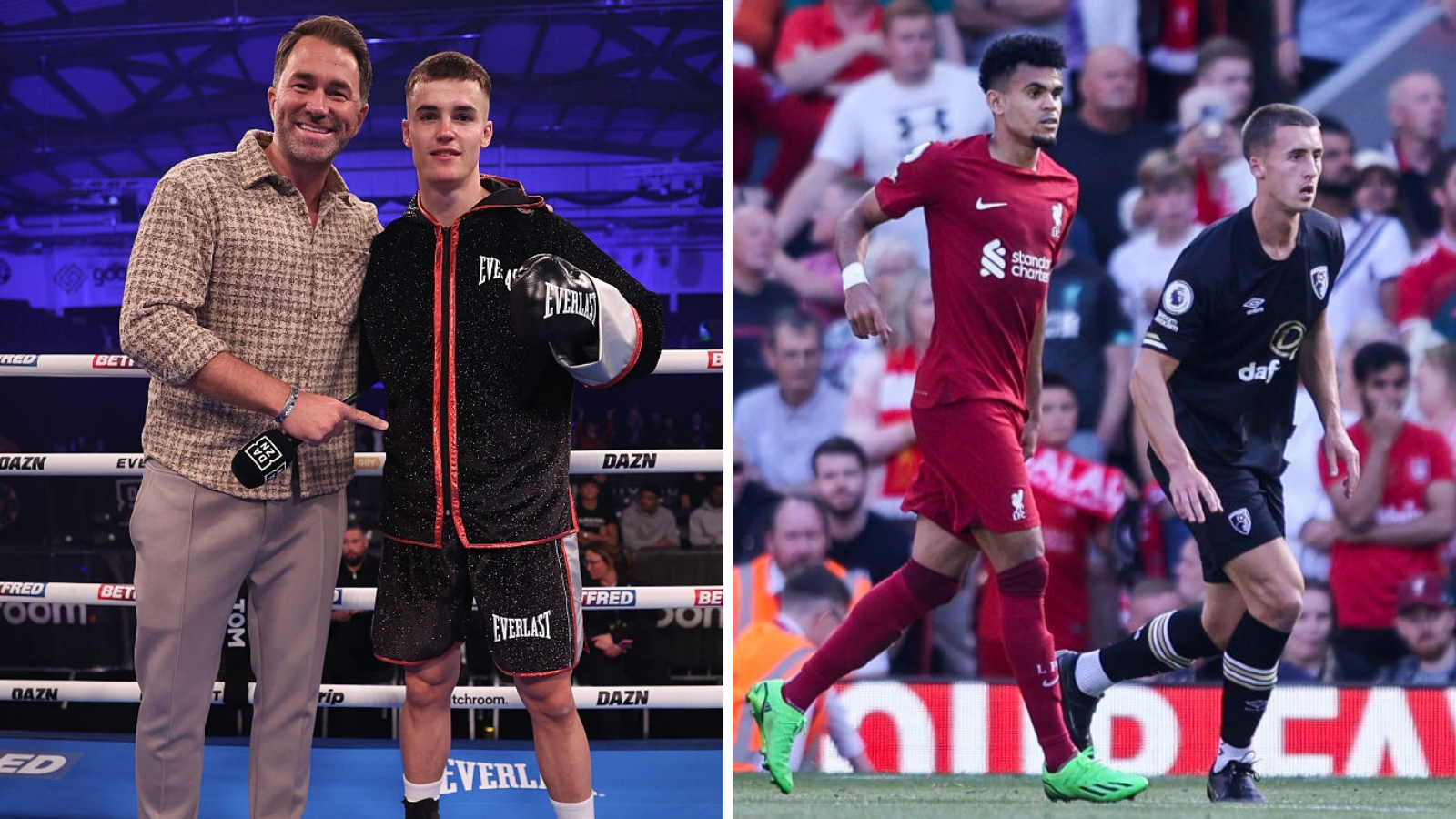Left - Eddie Hearn and Taylor Bevan pose for a photo - right- Owen Bevan makes his debut for Bournemouth against Liverpool