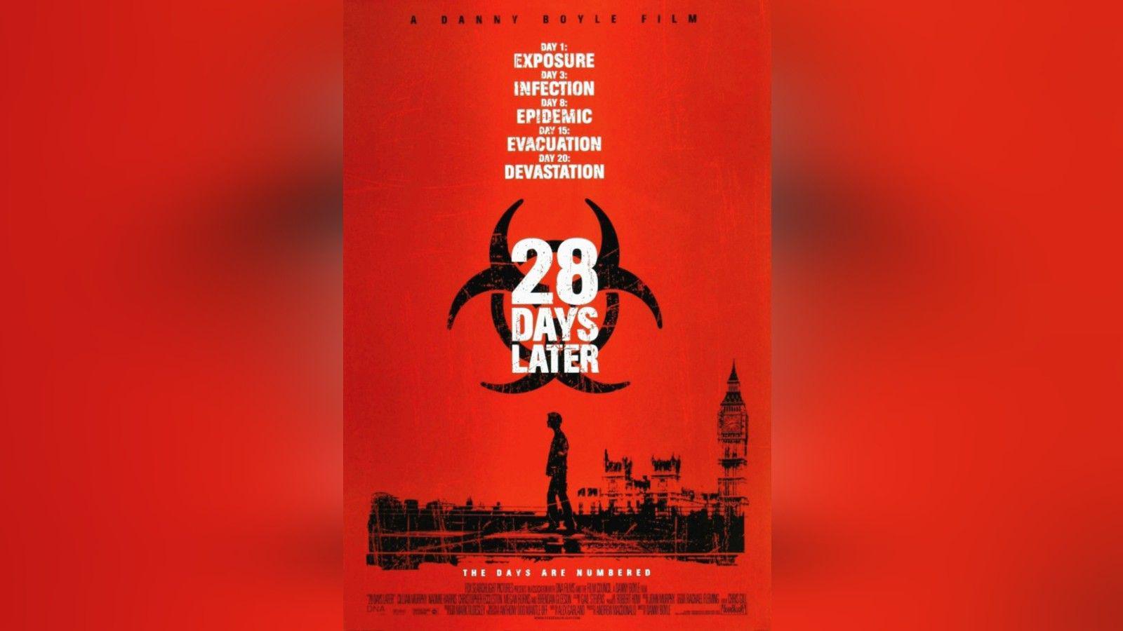 A film poster for 28 Days Later. The title and cast are written in white, against a red background. The poster features a black silhouette of London landmarks and a man walking through the city