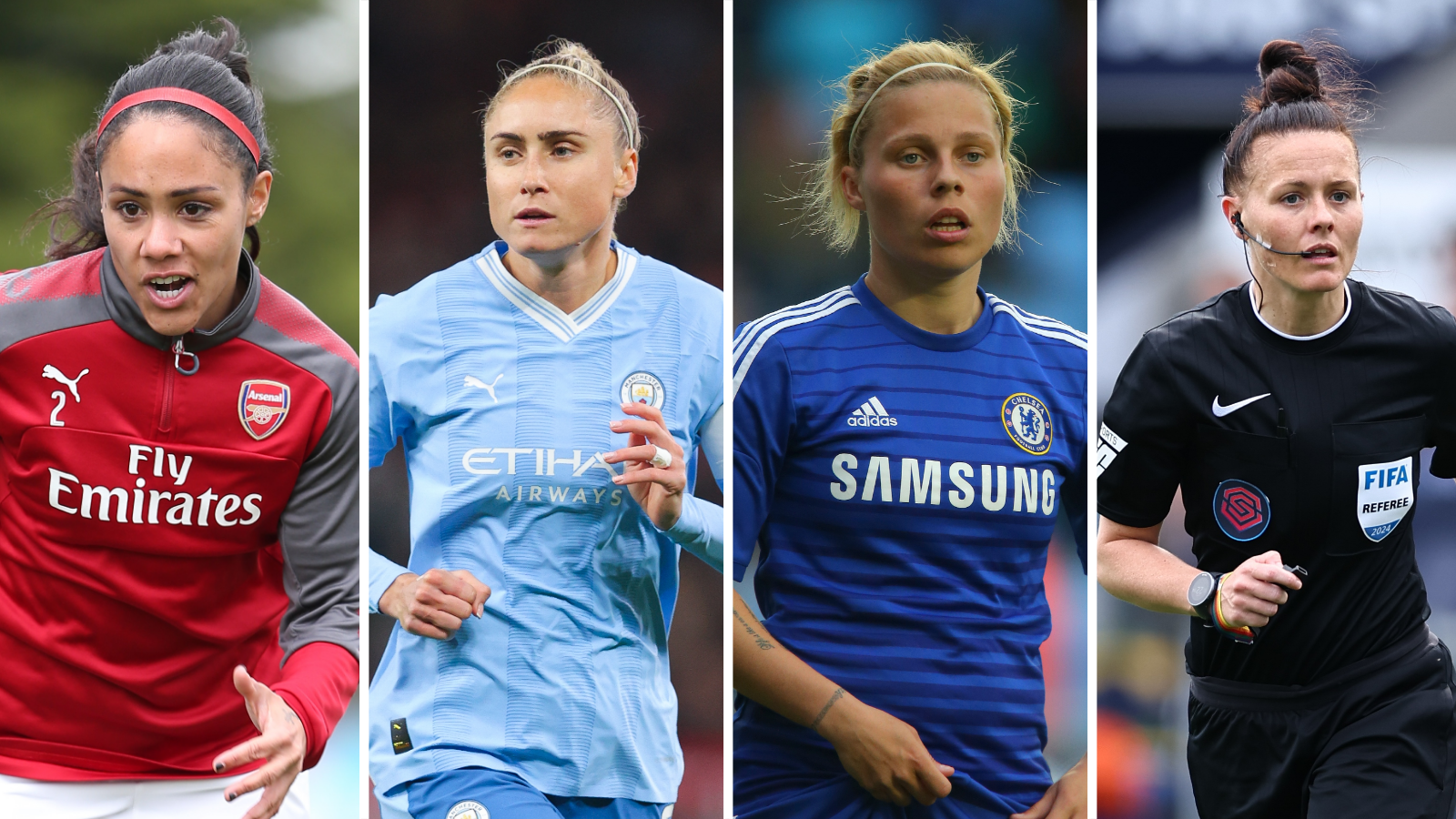 Alex Scott playing for Arsenal, Steph Houghton playing for Manchester City, Gilly Flaherty playing for Chelsea, Rebecca Welch refereeing