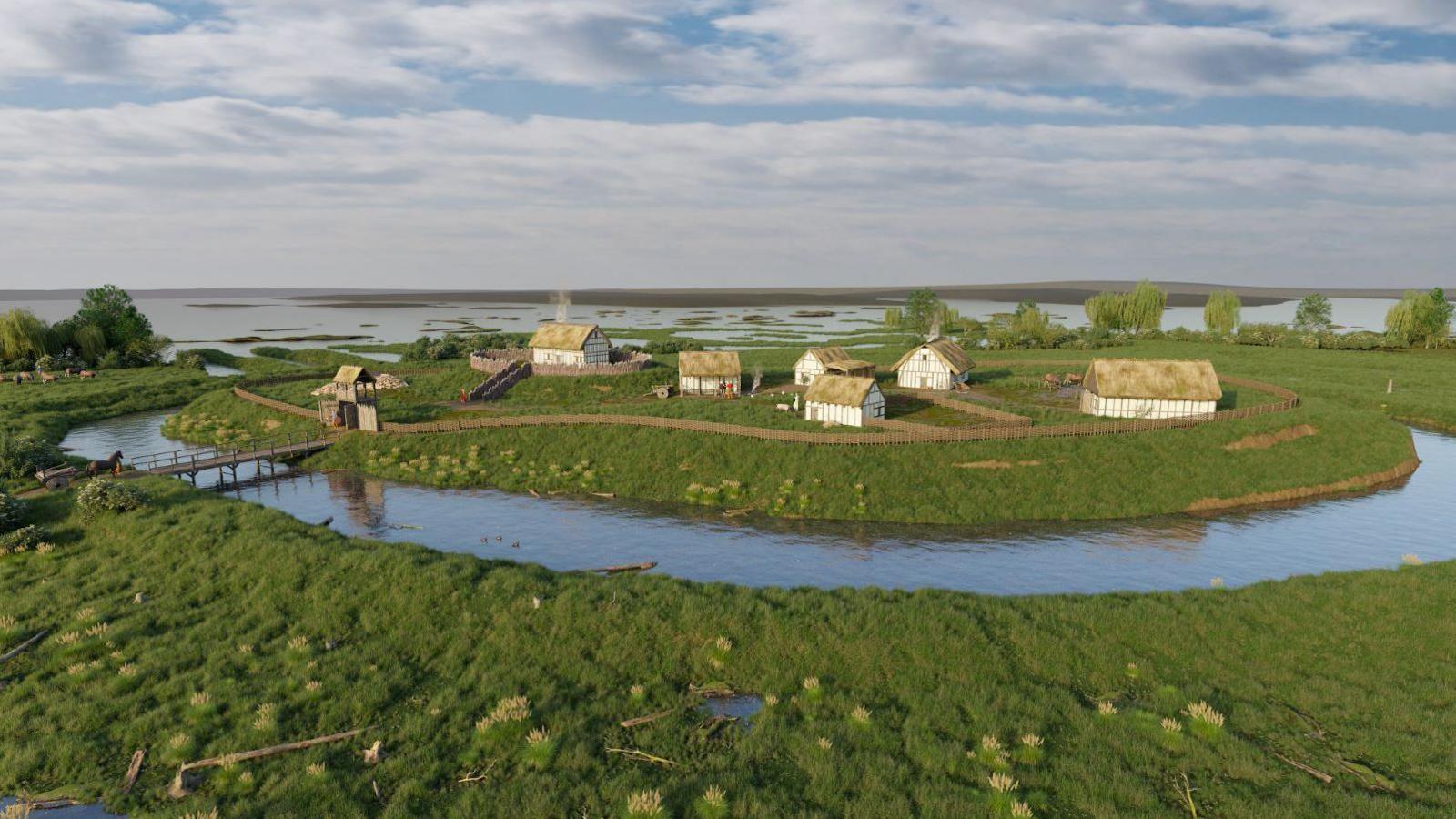 An artist's recreation of Bransholme Castle. It features several thatched-roof houses inside a low enclosure accessed by a wooden bridge. The site surrounded by water and green grass under a cloudy sky. 