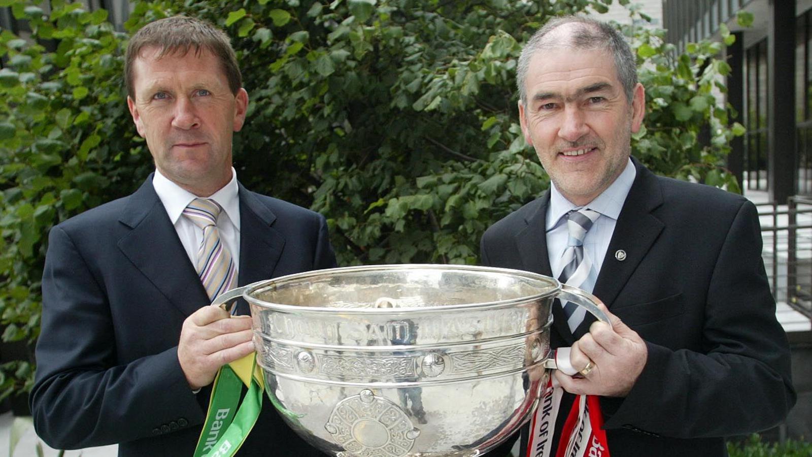 Jack O'Connor and Mickey Harte pose with the Sam Maguire Cup ahead of the 2005 All-Ireland final 