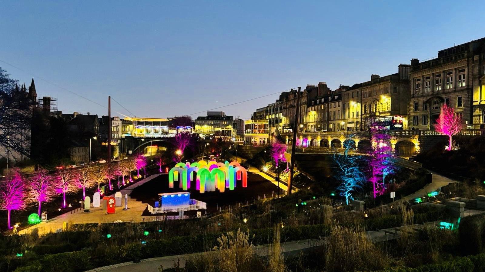 Union Terrace Gardens, with lots of bright light art installations.