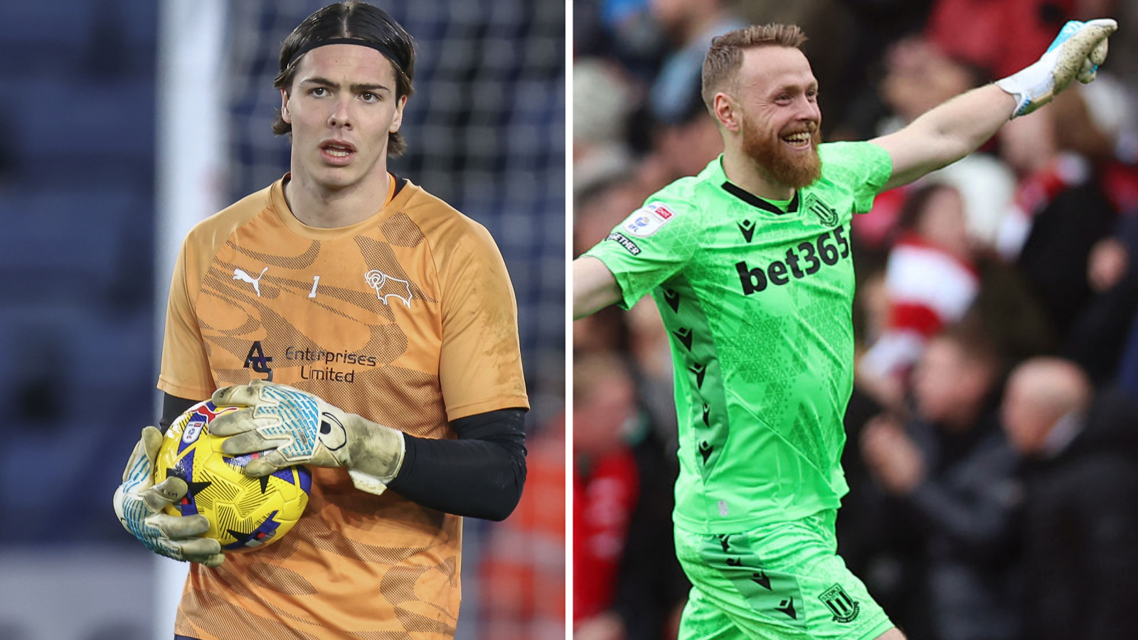 Split graphic showing goalkeepers Jacob Widell Zetterstrom from Derby County on the left and Stoke City's Viktor Johansson on the right