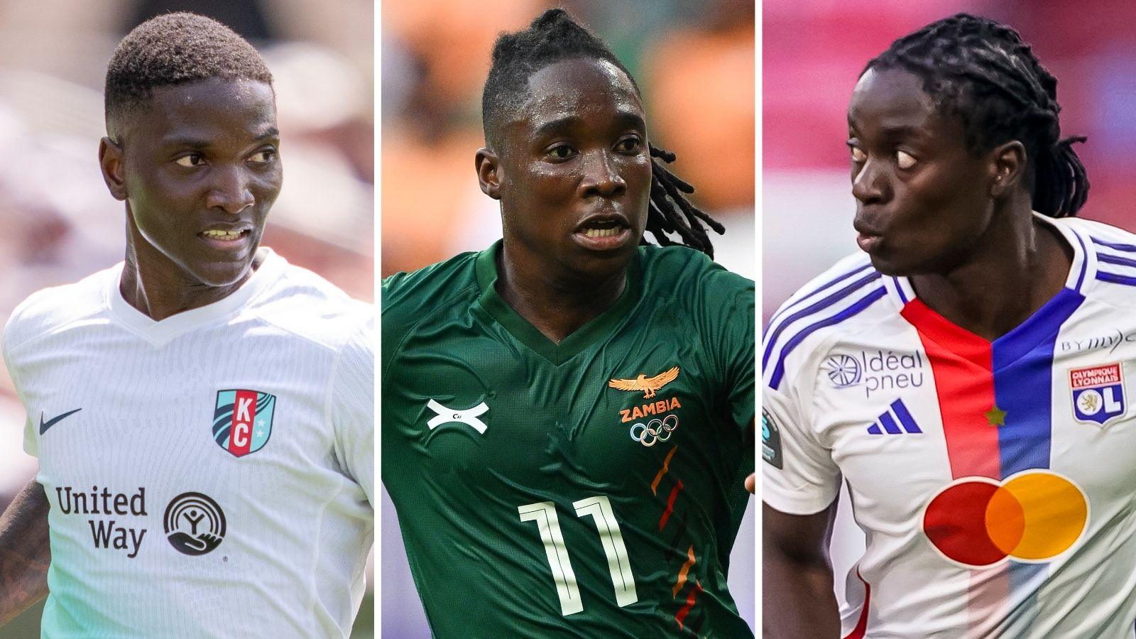 A split image shows Temwa Chawinga pictured in a white Kansas City shirt, Barbra Banda in a green Zambia shirt and Tabitha Chawinga in a white, blue and red Lyon shirt