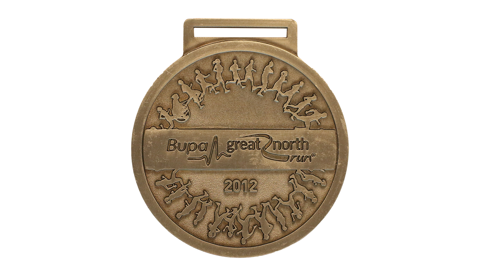 A circular gold medal with runners around the edge. The centre reads 'Bupa Great North Run' 2012.