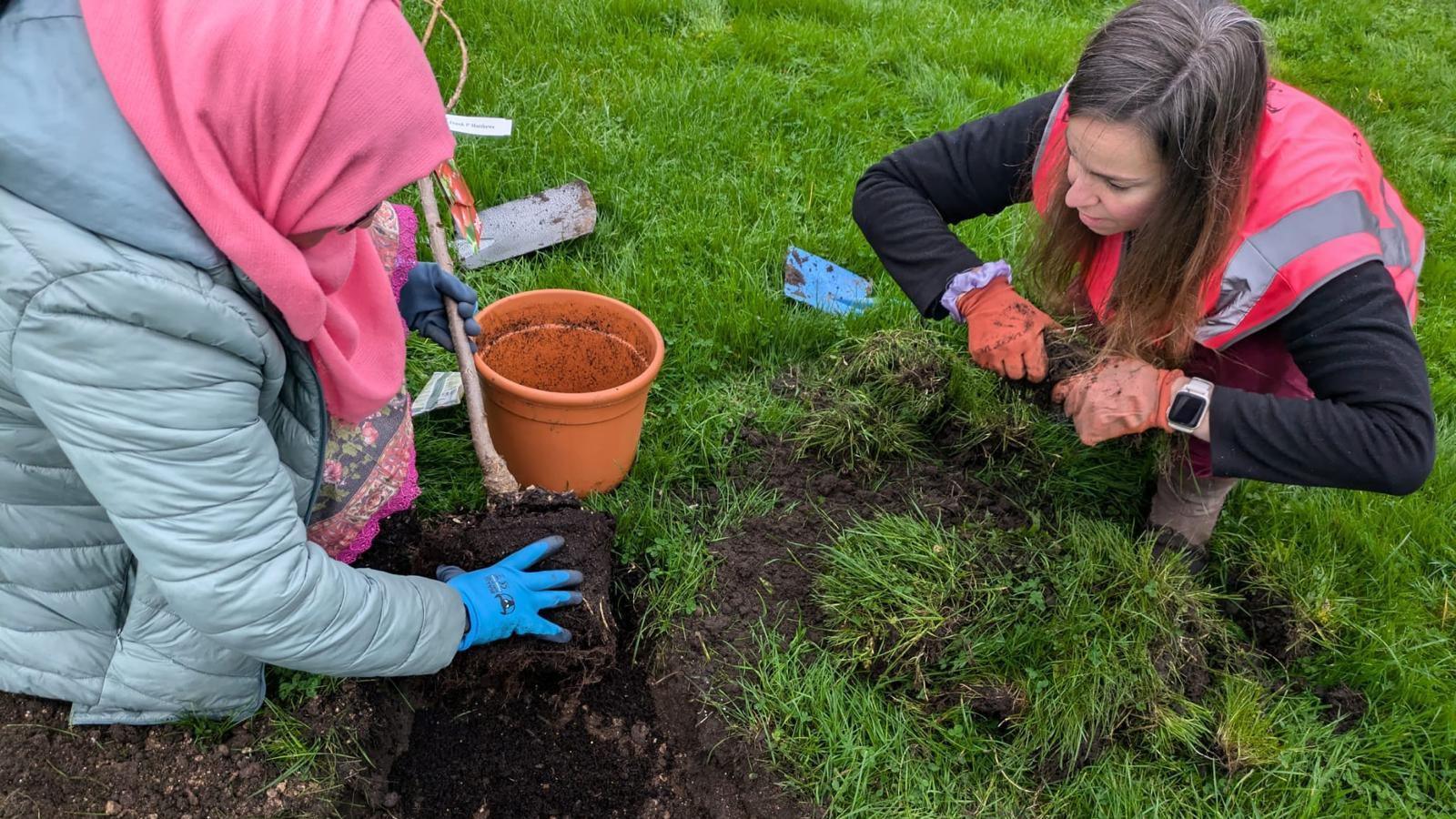 Two women are crouching on some soil and planting trees into a field. They are both wearing gloves while holding soil