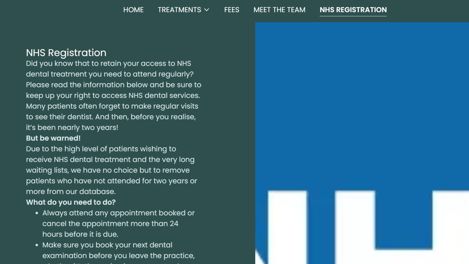 A screenshot from the scammers' website shows information about NHS registration. Several paragraphs in white lettering can be seen on a green background. Part of the screen is blue with some other white lettering. 