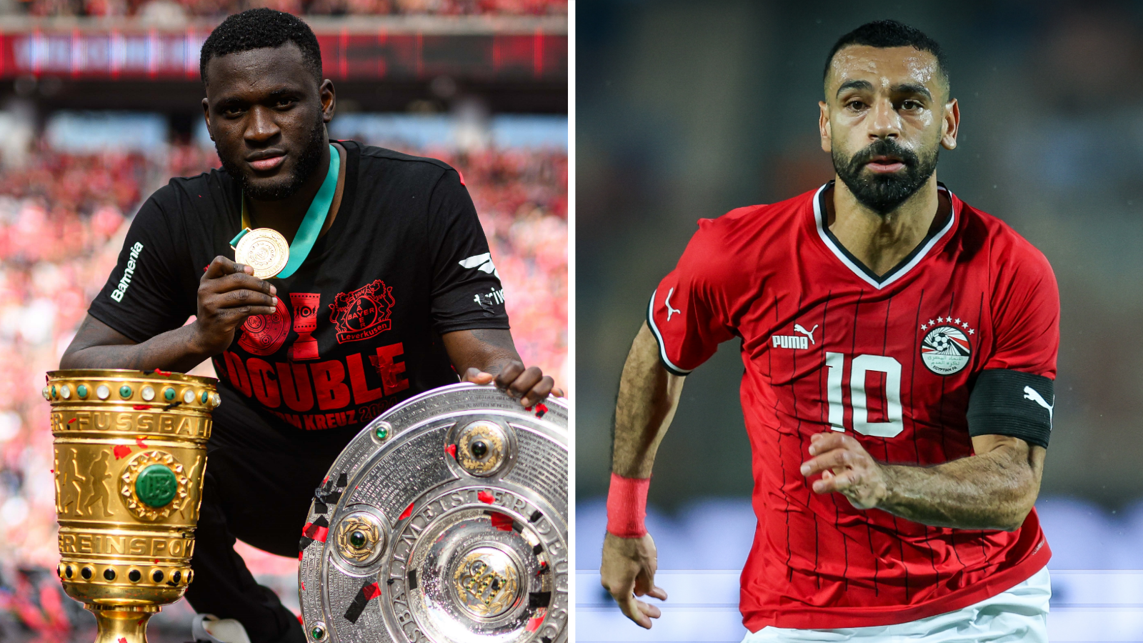 Victor Boniface is pictured wearing a winner's medal behind the DFB Pokal cup and Bundesliga trophy, while Mohamed Salah is pictured running towards the camera in a red Egypt shirt