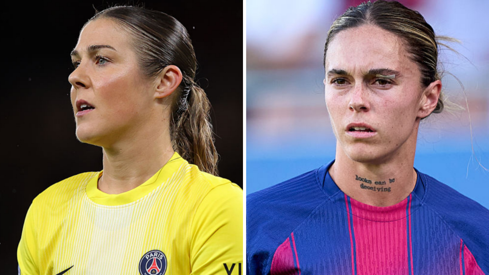 Mapi Leon in Barcelona home kit and Mary Earps in Paris St-Germain yellow goalkeeper shirt