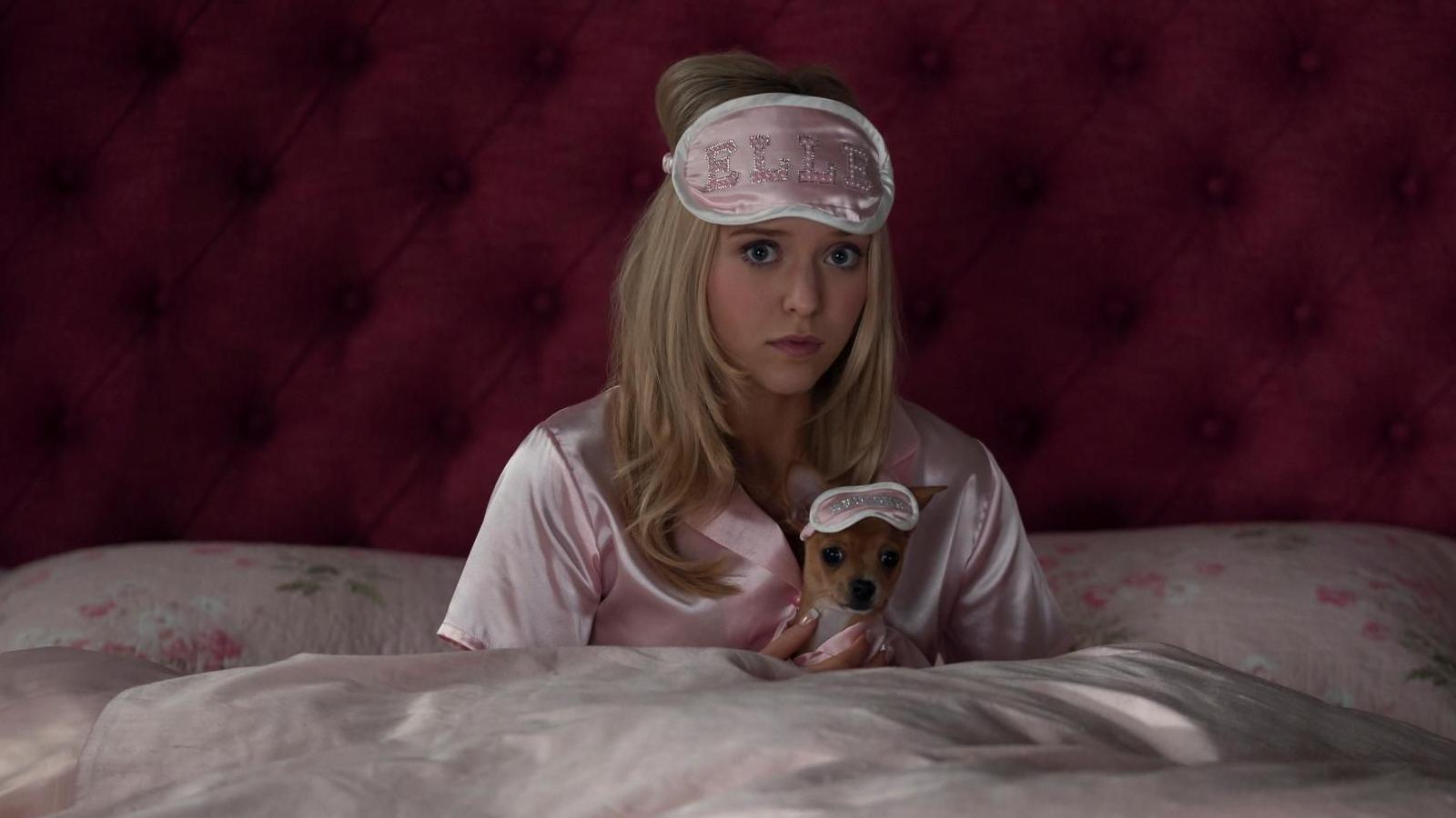 A woman with long blonde hair sits up in bed, with pink bedsheets, pink satin PJs and a pink eye mask on her forehead that has "ELLE" written in diamontes. She's holding a tiny dog which also has a little eye mask on.