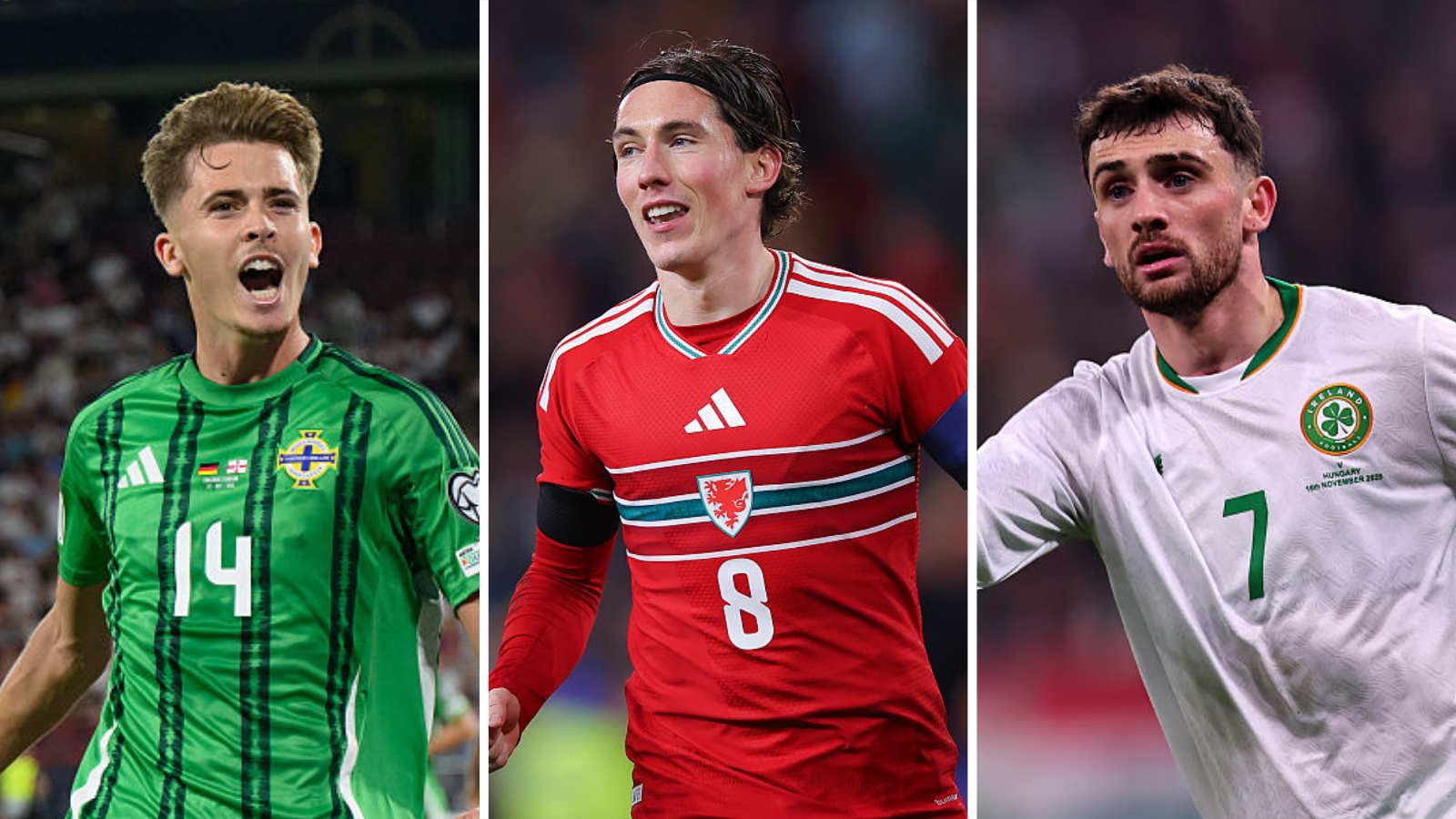 Isaac Price of Northern Ireland (left) Harry Wilson of Wales (centre) and Troy Parrott of Republic of Ireland (right)