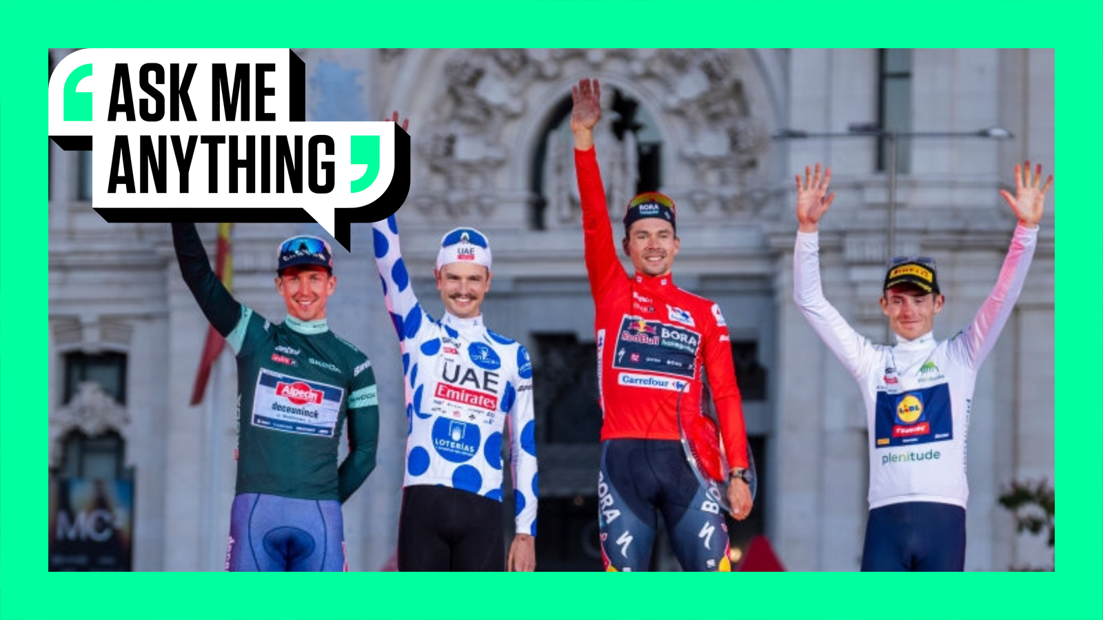 From left to right: Kaden Groves in the green jersey, Jay Vine in the polka-dot jersey, Primoz Roglic in the red jersey and Mattias Skjelmose in the white jersey on the podium at the 2024 Vuelta a Espana