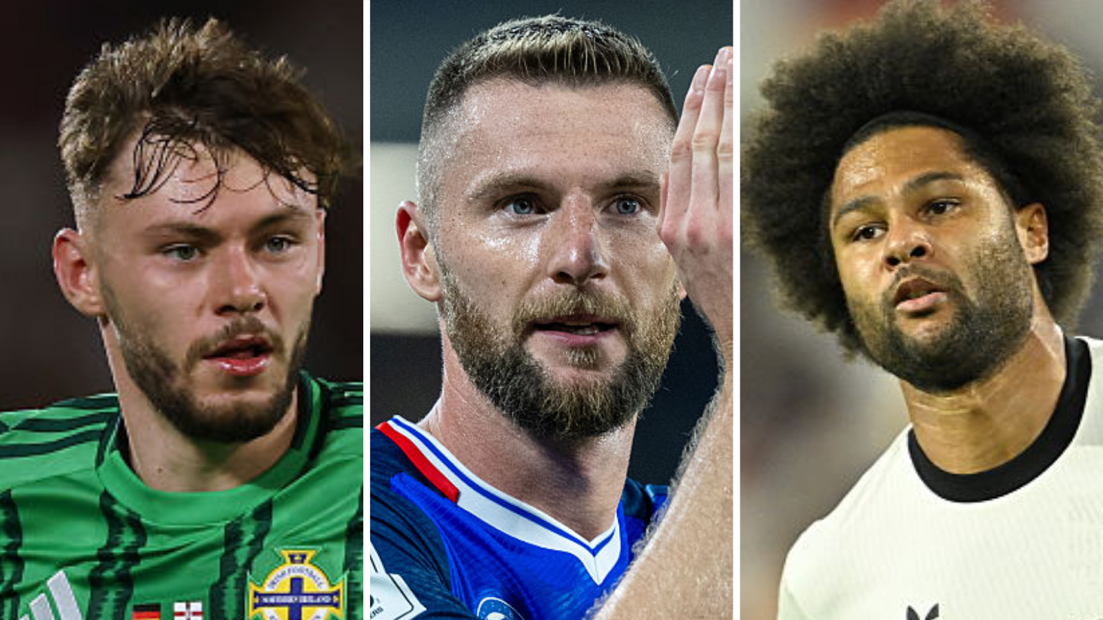 Northern Ireland's Conor Bradley, Slovakia's Milan Skriniar and Serge Gnabry of Germany