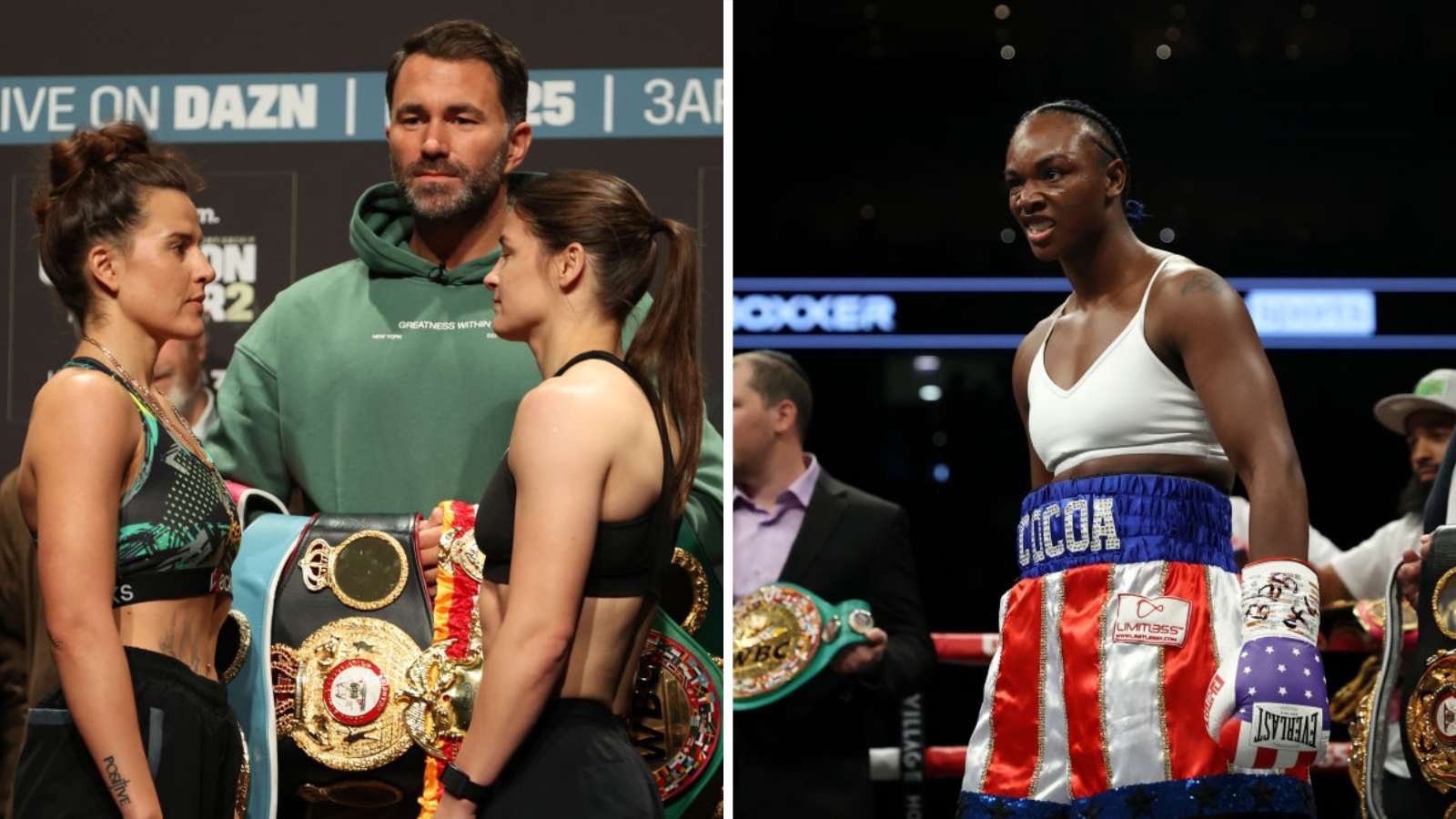 Split image of Chantelle Cameron facing off with Katie Taylor and Claressa Shields in the ring