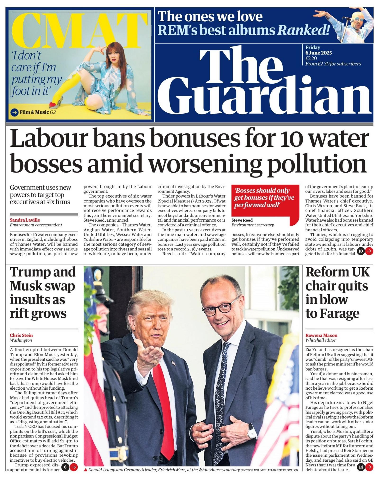 "Labour bans bonuses for 10 water bosses amid worsening pollution" reads the headline on the front page of The Guardian.