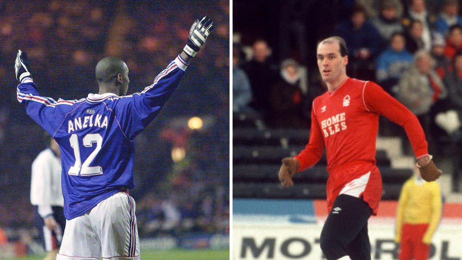 A split picture of Nicolas Anelka wearing goalkeeper gloves and John Metgod wearing brown gloves