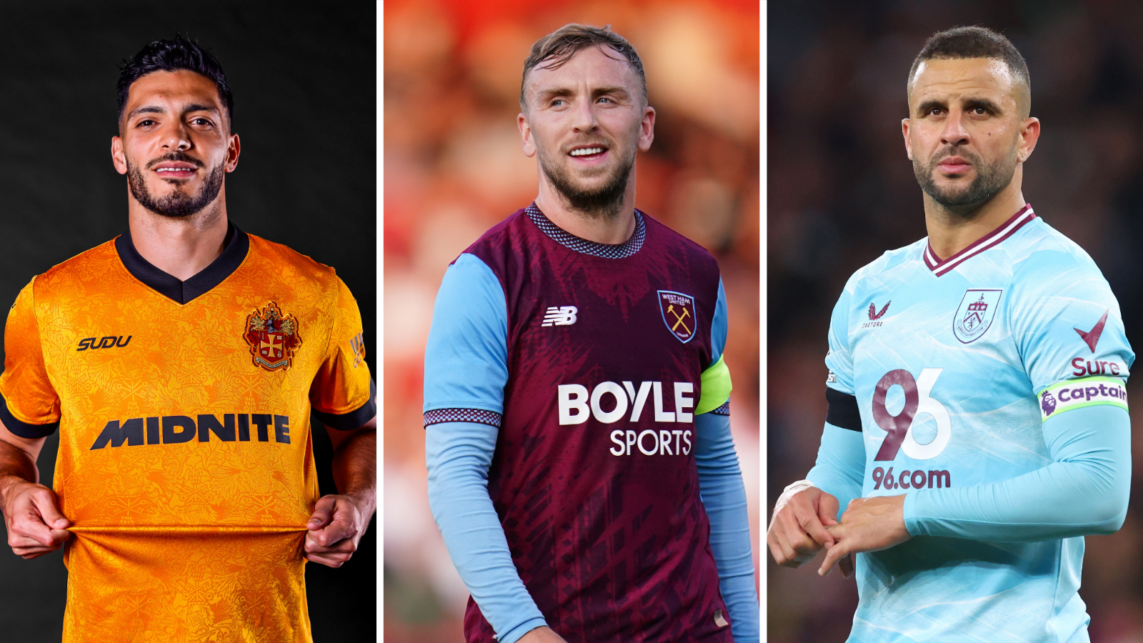 Side-by-side photos of Wolverhampton Wanderers' Raul Jimenez (left), West Ham United's Jarrod Bowen (middle) and Burnley's Kyle Walker (right)