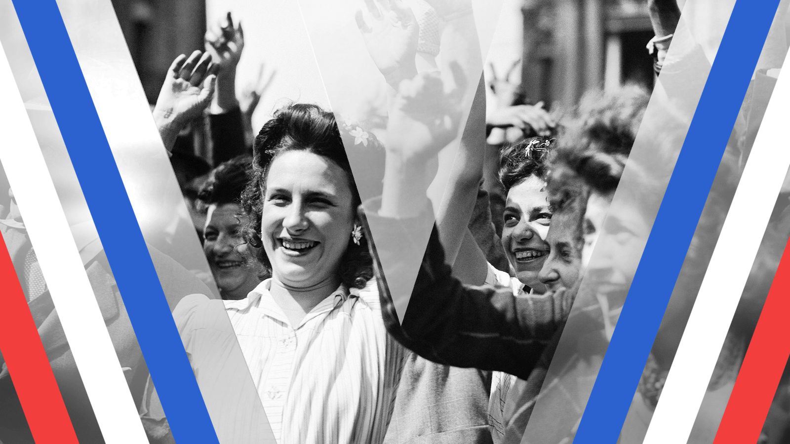 A crowd of women smile and wave in Paris in this black and white photo from VE Day in 1945.