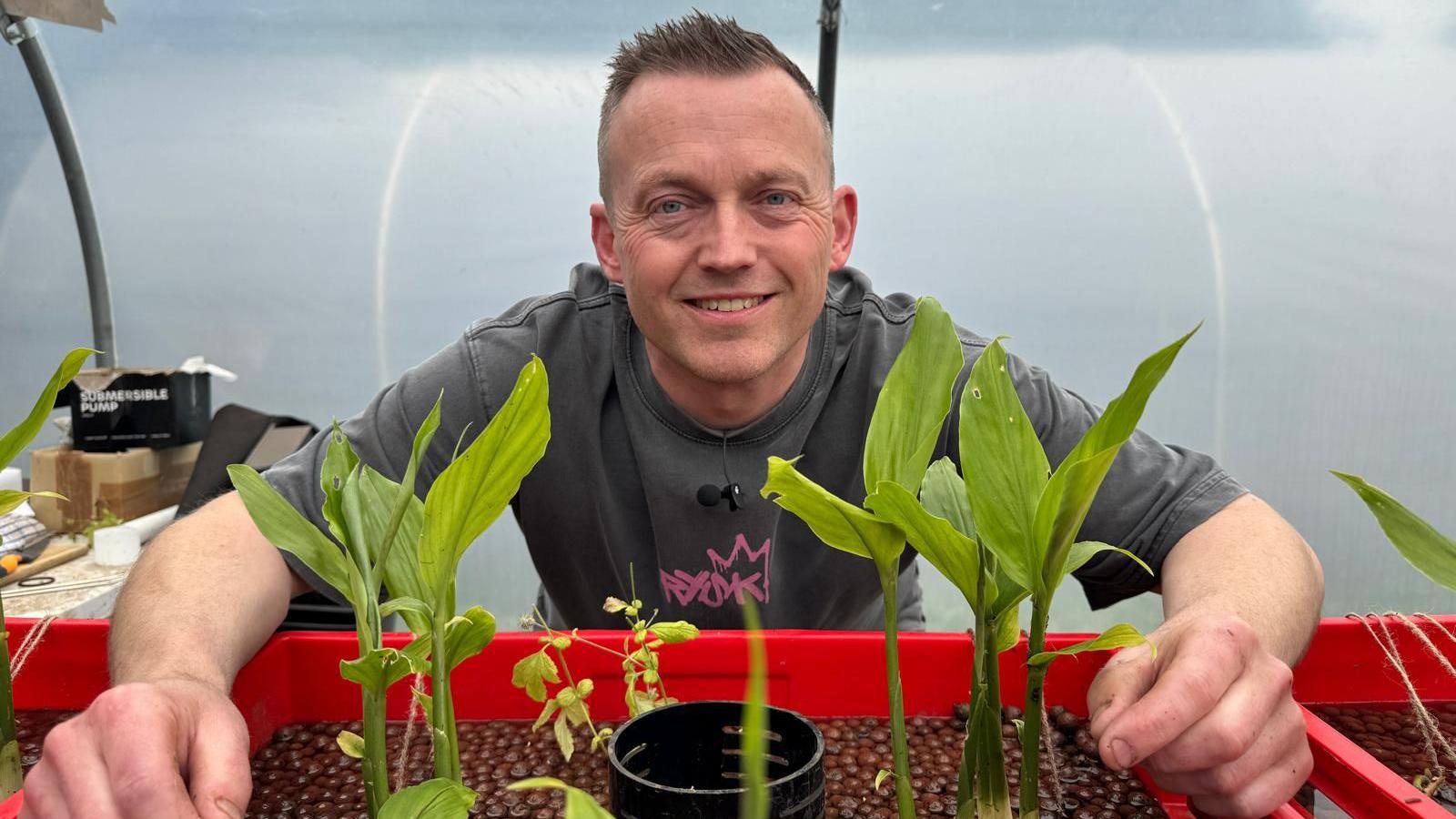 Alastair Hawken is crouching in front of a red plant container which contains several ginger plants. He is standing in the polytunnel where the ginger is being grown.
