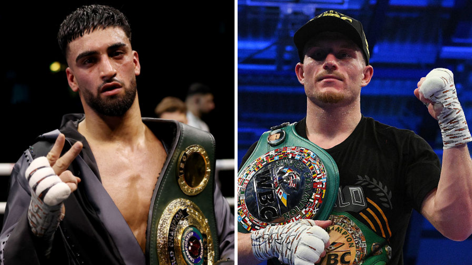 Split image of Adam Azim after a fight and Dalton Smith in the ring with a belt
