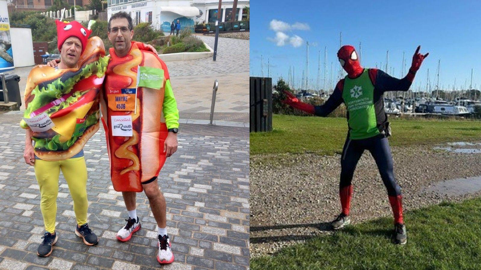 Two men wearing running shoes and dressed as a hot dog and burger on the left and a man dressed as Spiderman and wearing a green vest on the right