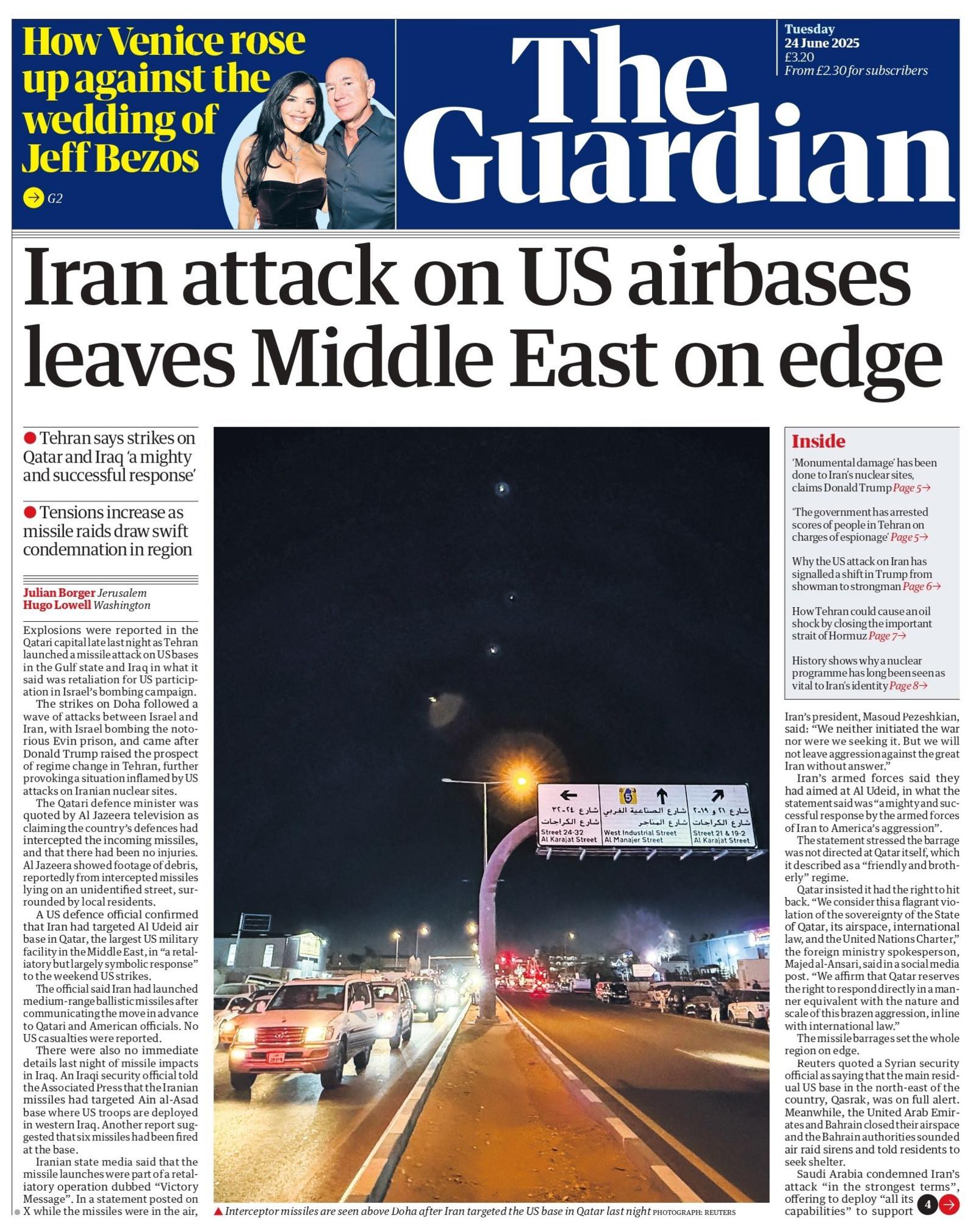 "Iran attack on US airbases leaves Middle East on edge" reads the headline on the front page of The Guardian